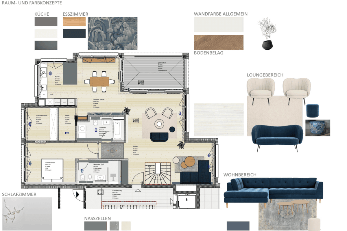 Grundriss und Moodboard für Eigentumswohnung, Raum- und Farbplanung mit Möbel- und Materialauswahl von Room and Color in Hölstein, Schweiz