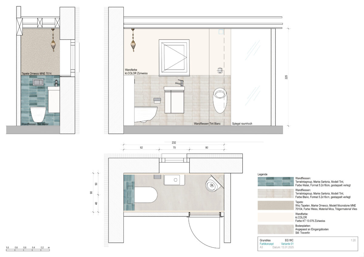 Badplanung als Grundriss und Wandansichten mit Farbkonzept, Fliesenlayout und Materiallegende (u. a. Wandfliesen in Blau und Beige, Tapete, Wandfarbe) – Innenarchitektur-Entwurf von Sarah Vögelin, Room and Color in Hölstein (Basel-Landschaft), Schweiz.